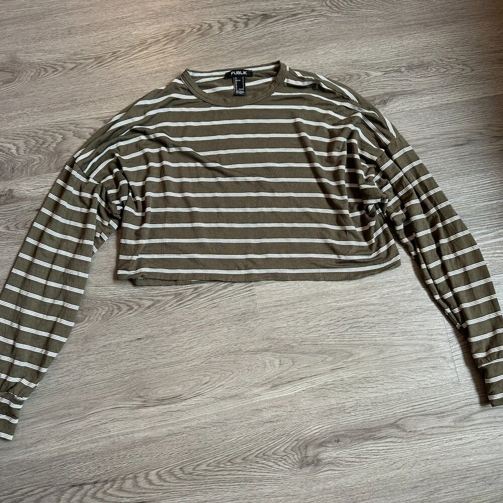 Striped Crop Top Long Sleeve Shirt Olive Green / Ivory Publik Forever 21 Small